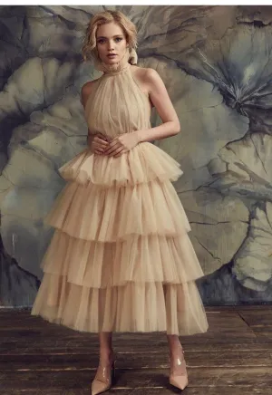 Ruch Bodice Champagne Prom Dress with Tulle Tiered Skirt