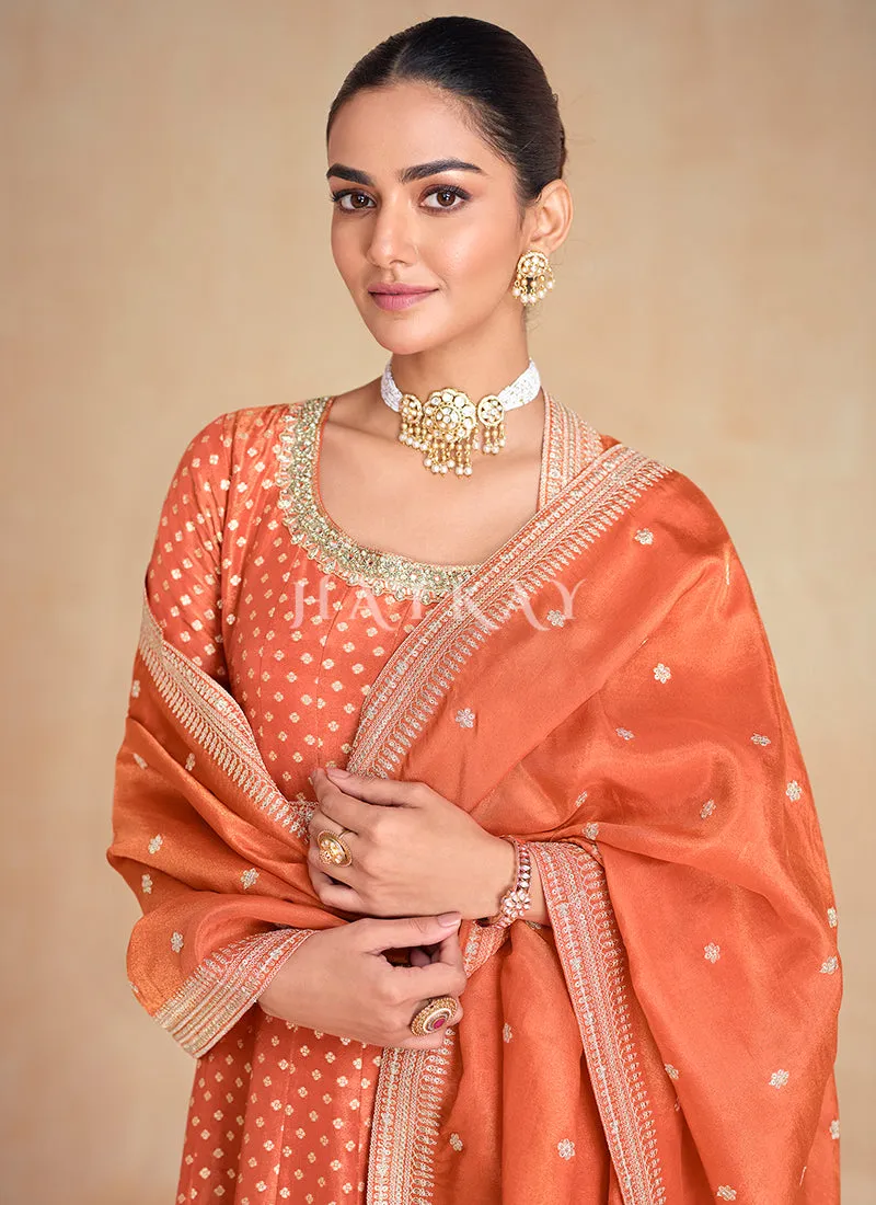 Rust Orange Embroidery Silk Anarkali Suit