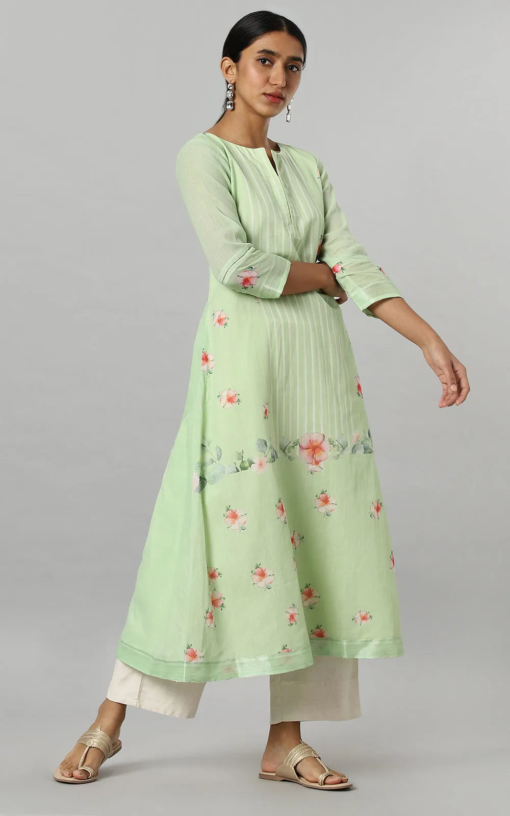 SAGE HIBISCUS PARALLET YOKE KURTA