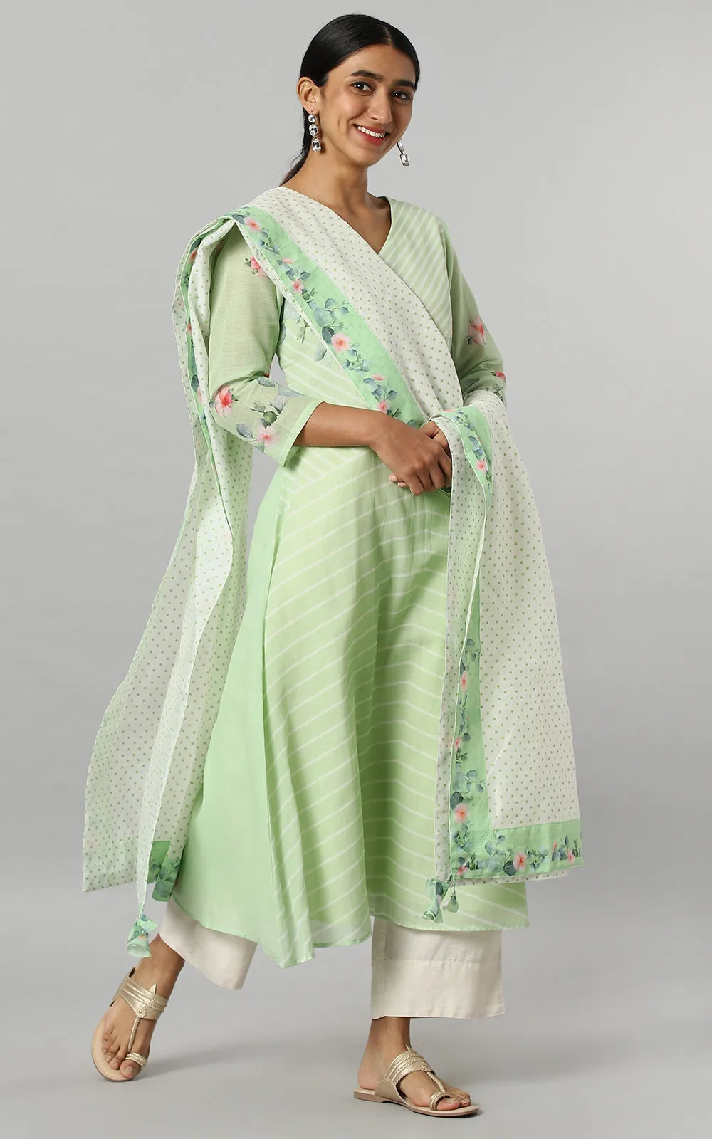 SAGE HIBISCUS PARALLET YOKE KURTA