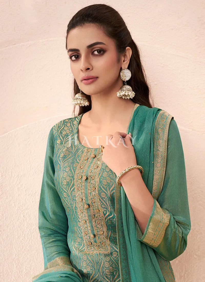 Sea Green Handwork Pakistani Pant Style Suit
