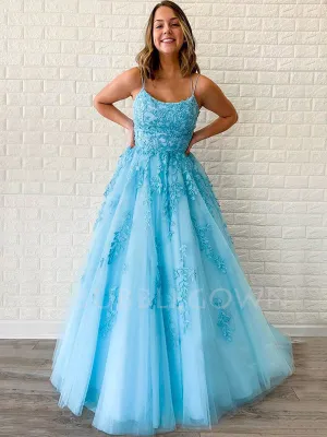 Sexy Backless A-Line Blue Lace Long Evening Prom Dresses, Cheap Tulle Sweet Prom Dresses, MR7284