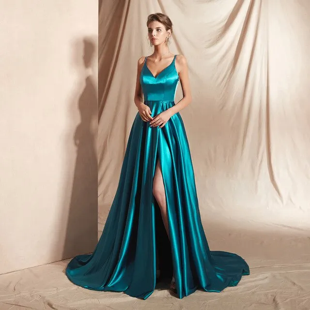 Sexy Front Slit Evening Dresses Long abendkleider Spaghetti Strap Prom Gown Women Formal Party Evening Dress