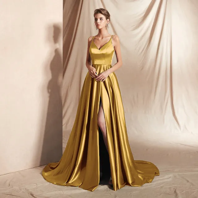 Sexy Front Slit Evening Dresses Long abendkleider Spaghetti Strap Prom Gown Women Formal Party Evening Dress