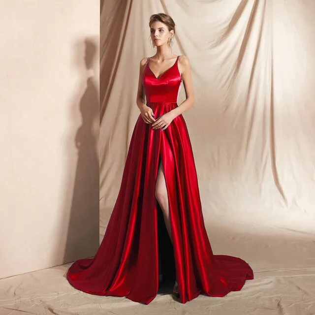 Sexy Front Slit Evening Dresses Long abendkleider Spaghetti Strap Prom Gown Women Formal Party Evening Dress