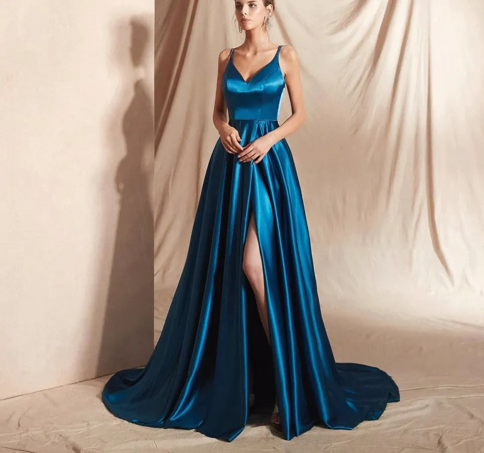 Sexy Front Slit Evening Dresses Long abendkleider Spaghetti Strap Prom Gown Women Formal Party Evening Dress