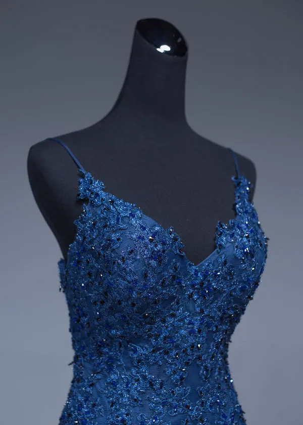 Sexy Mermaid Spaghetti Straps Navy Blue Lace Evening Dress