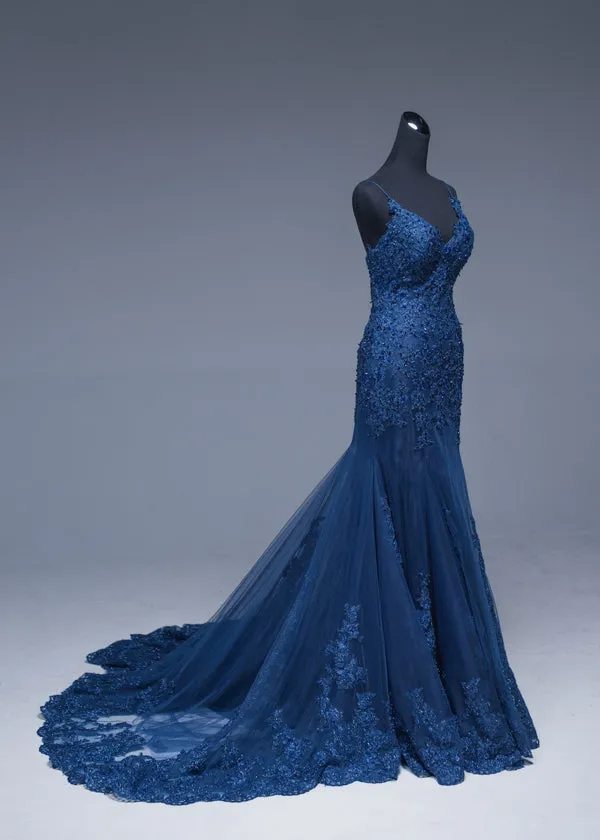 Sexy Mermaid Spaghetti Straps Navy Blue Lace Evening Dress