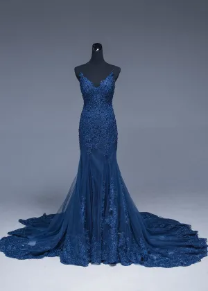 Sexy Mermaid Spaghetti Straps Navy Blue Lace Evening Dress