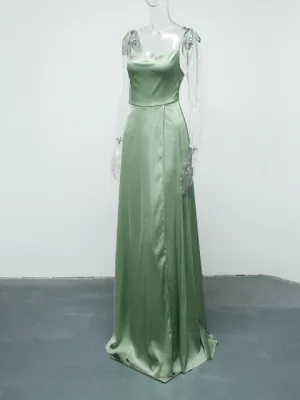 Sexy Mint Backless Lace Up Evening Party Gown Green Satin Slip Slit Leg