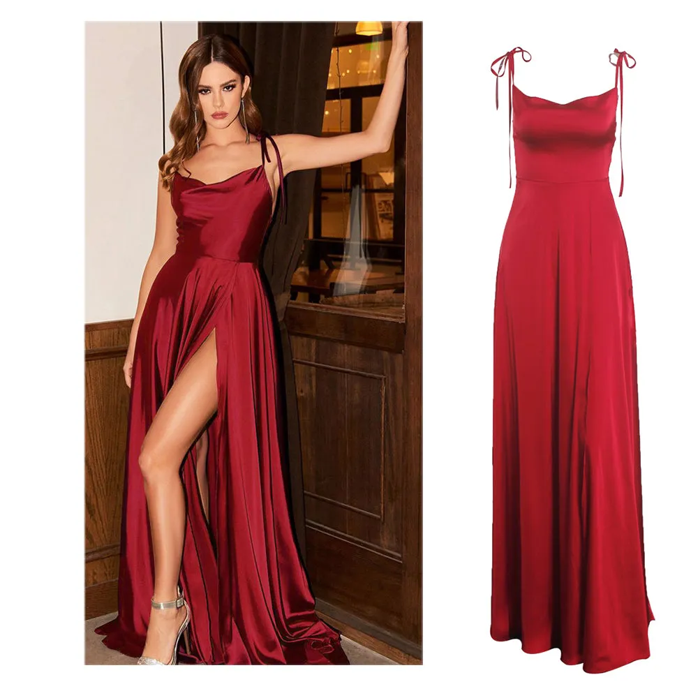 Sexy Mint Backless Lace Up Evening Party Gown Green Satin Slip Slit Leg