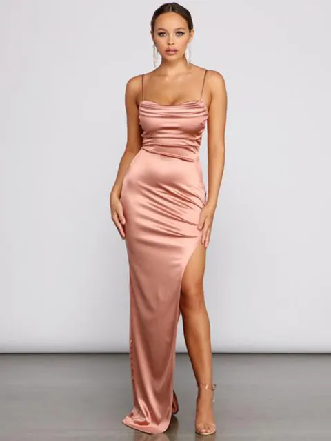 Sexy Mint Backless Lace Up Evening Party Gown Green Satin Slip Slit Leg