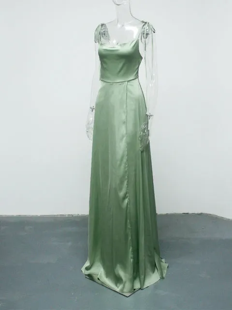 Sexy Mint Backless Lace Up Evening Party Gown Green Satin Slip Slit Leg