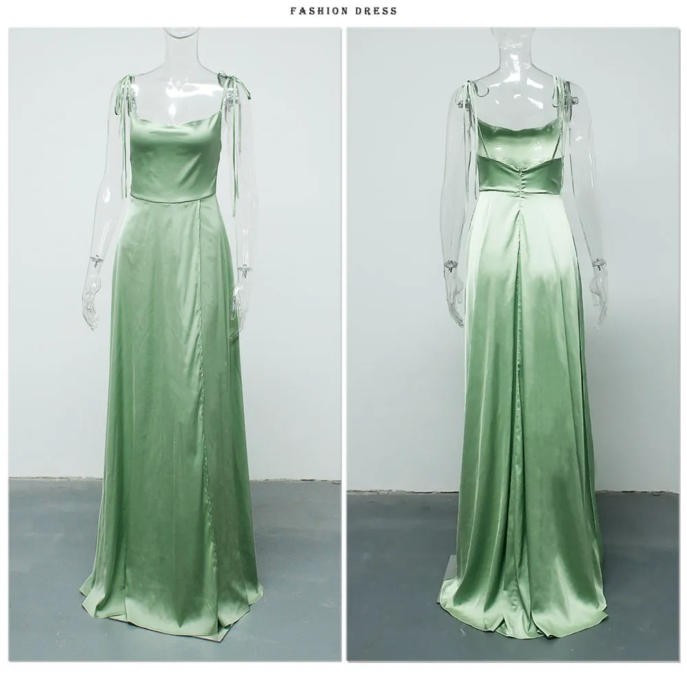 Sexy Mint Backless Lace Up Evening Party Gown Green Satin Slip Slit Leg
