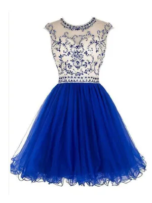 Sexy Open back Royal Blue Short Tulle homecoming prom dresses, CM0008