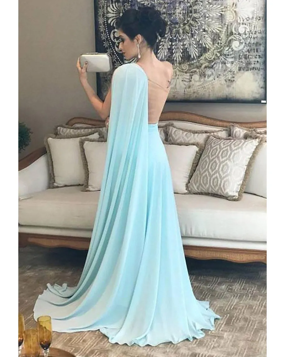 Sexy Sky Blue Prom Dresses Illusion Back One Shoulder Chiffon Long Evening Dress 2021