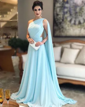 Sexy Sky Blue Prom Dresses Illusion Back One Shoulder Chiffon Long Evening Dress 2021