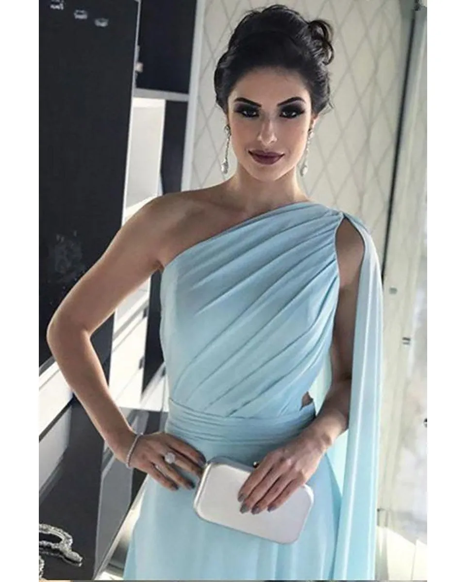 Sexy Sky Blue Prom Dresses Illusion Back One Shoulder Chiffon Long Evening Dress 2021