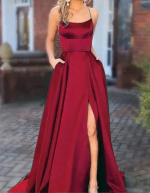Sexy Spaghetti Straps Slit Burgundy Prom Dress