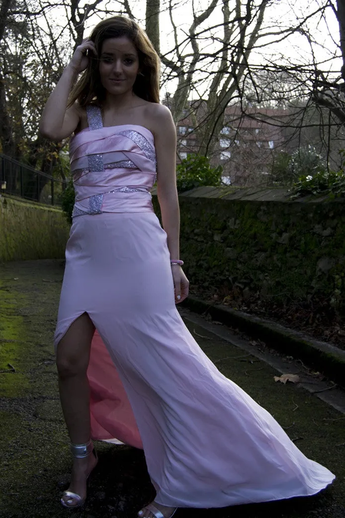 Sheath One-shoulder Wide Strap Front Slit Floor Length Chiffon Paillette Evening Dress