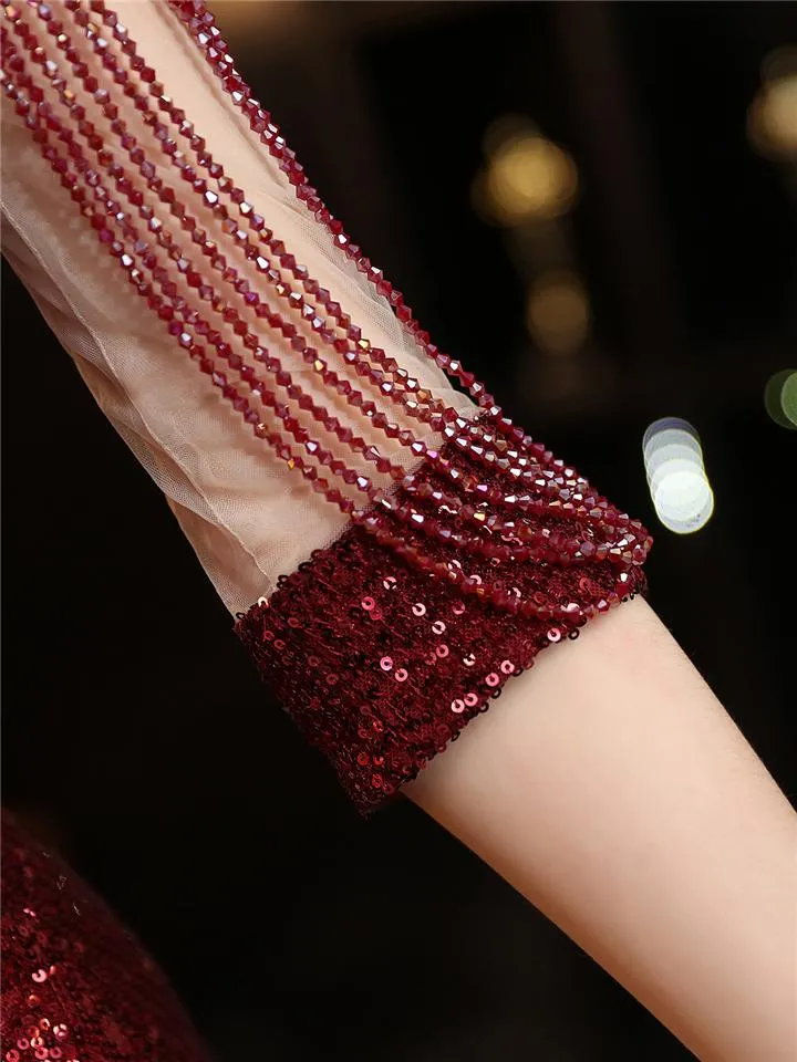 Shiny Sequin Round Neck Fitted Waist Maxi Ball Gown