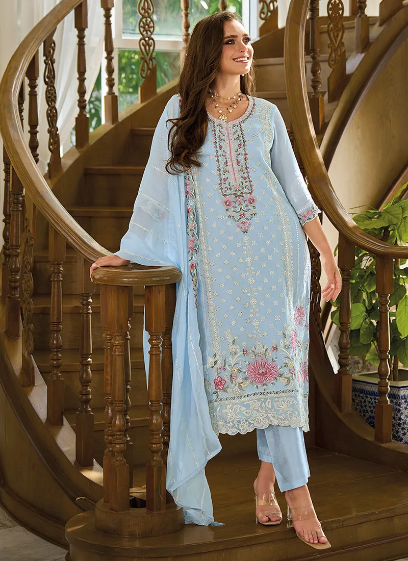 Sky Blue Embroidery Straight Cut Salwar Suit