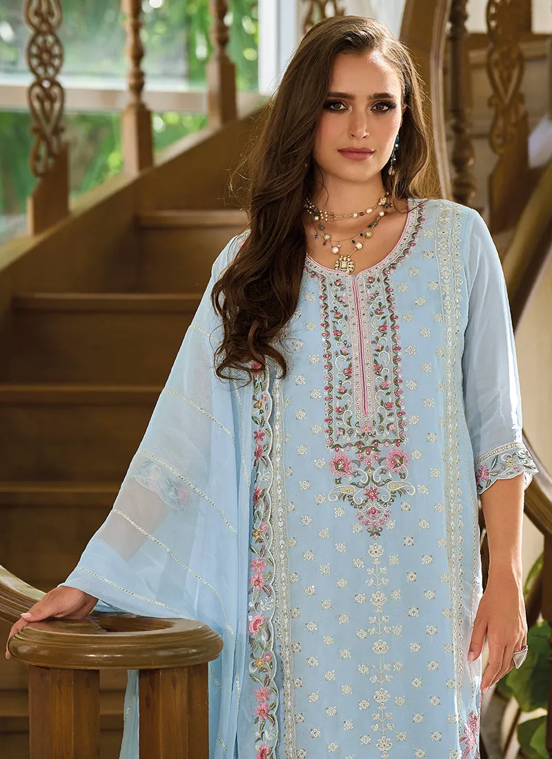 Sky Blue Embroidery Straight Cut Salwar Suit