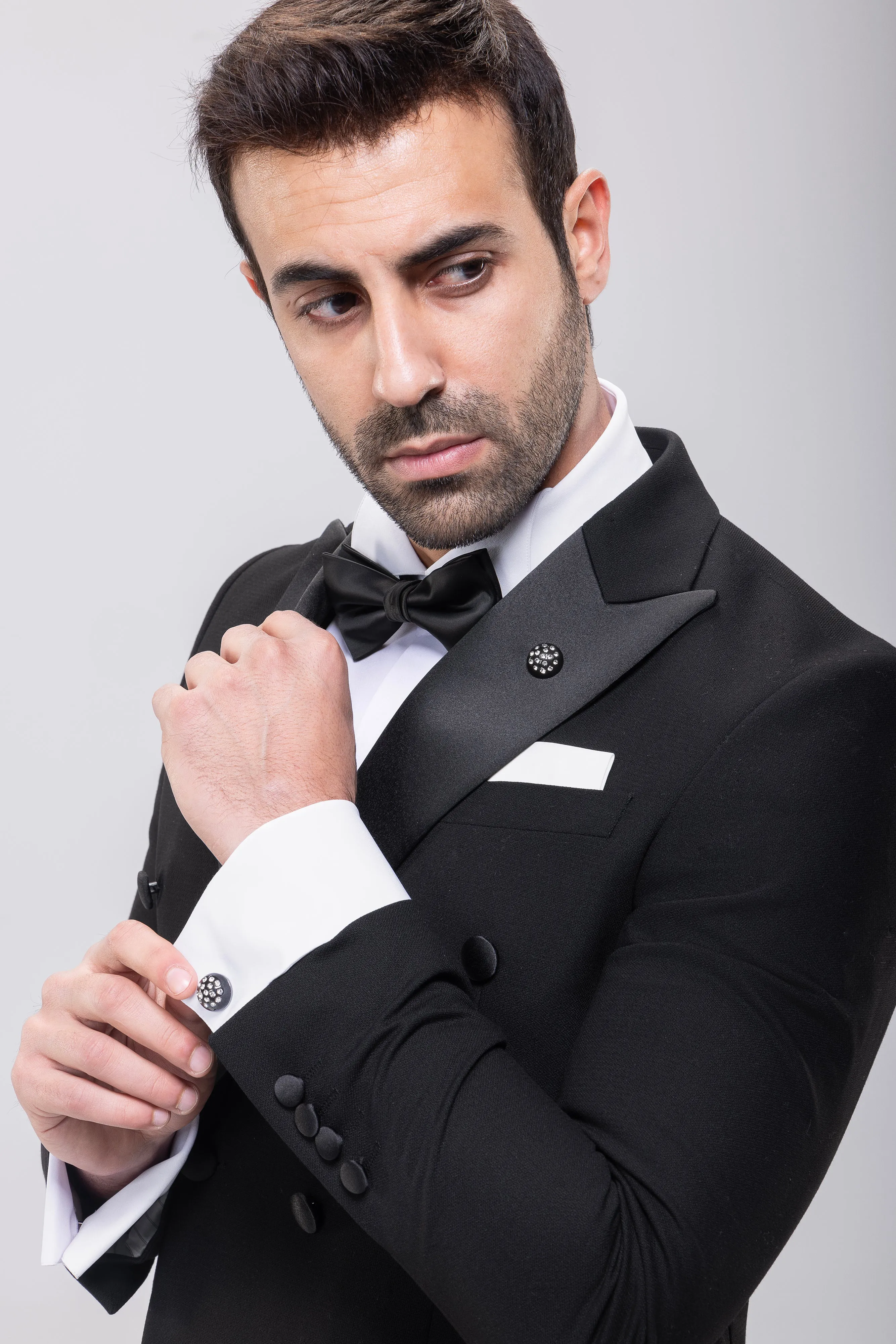 Slim Fit Double Breasted Black Wedding Suit - Notch Satin Lapel-Turkish Made