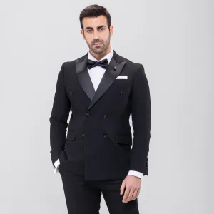 Slim Fit Double Breasted Black Wedding Suit - Notch Satin Lapel-Turkish Made