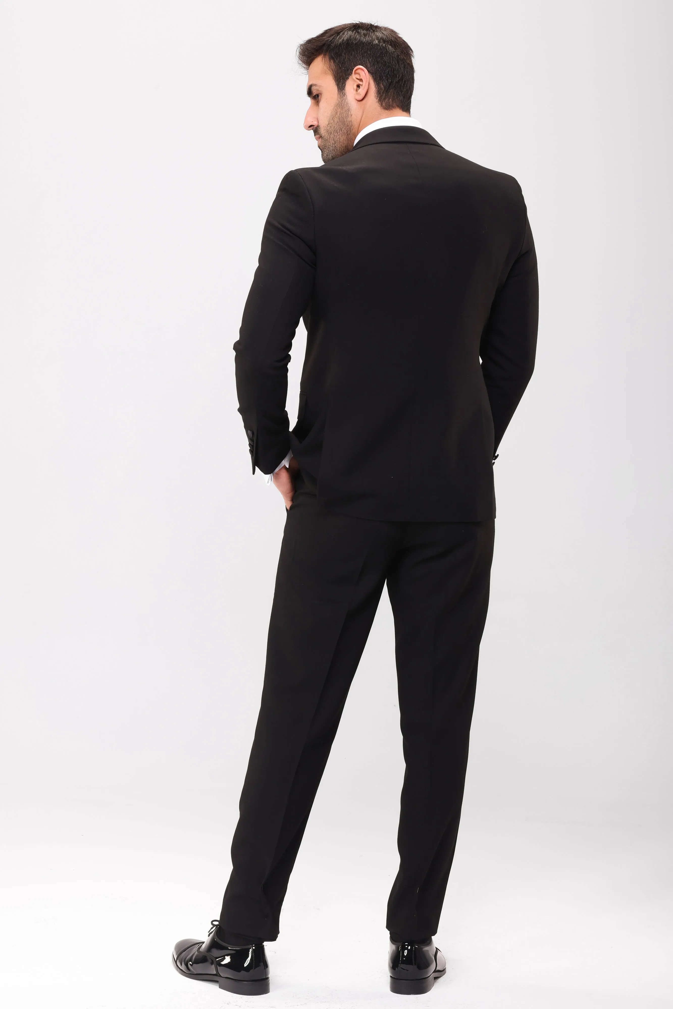 Slim Fit Double Breasted Black Wedding Suit - Notch Satin Lapel-Turkish Made
