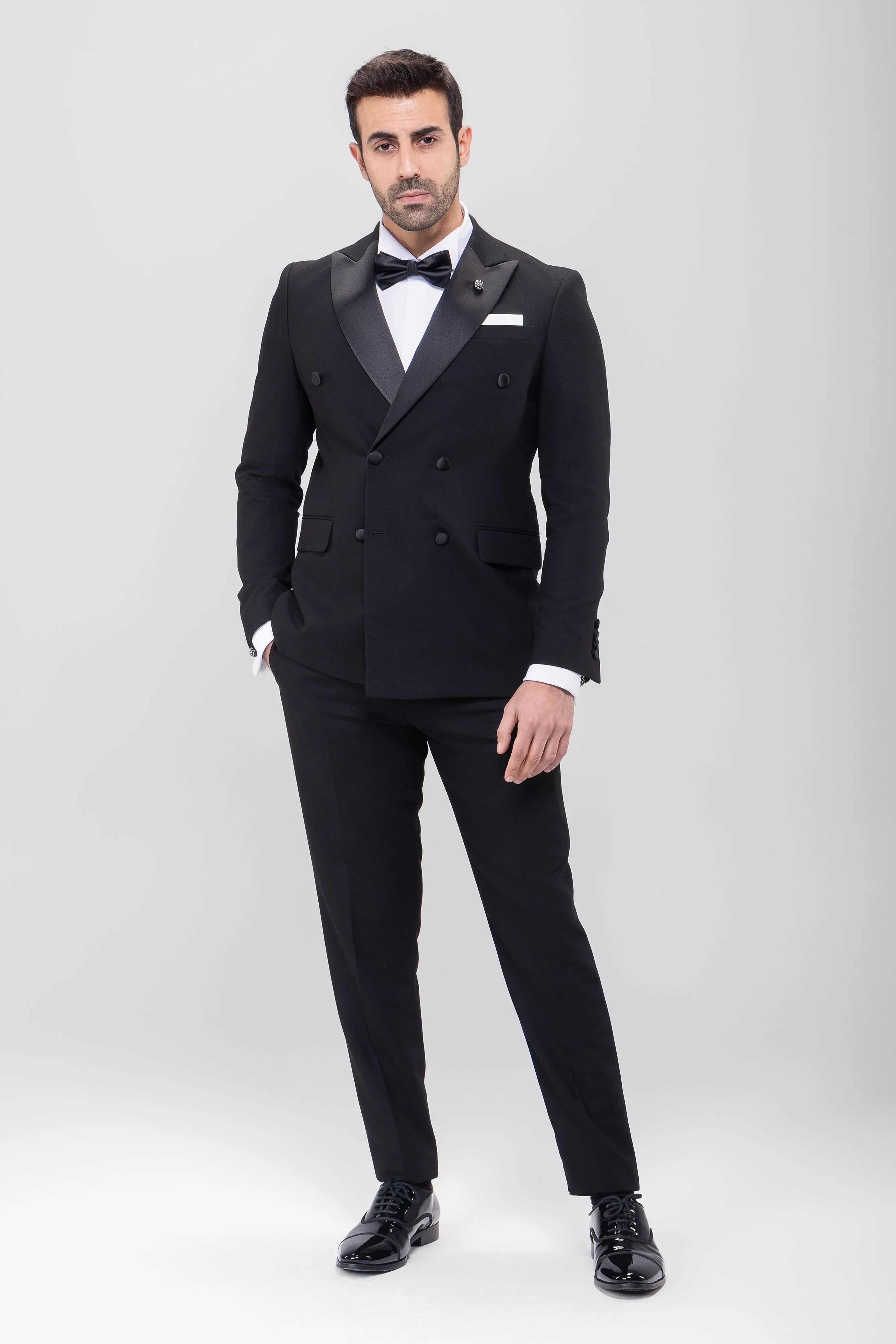 Slim Fit Double Breasted Black Wedding Suit - Notch Satin Lapel-Turkish Made