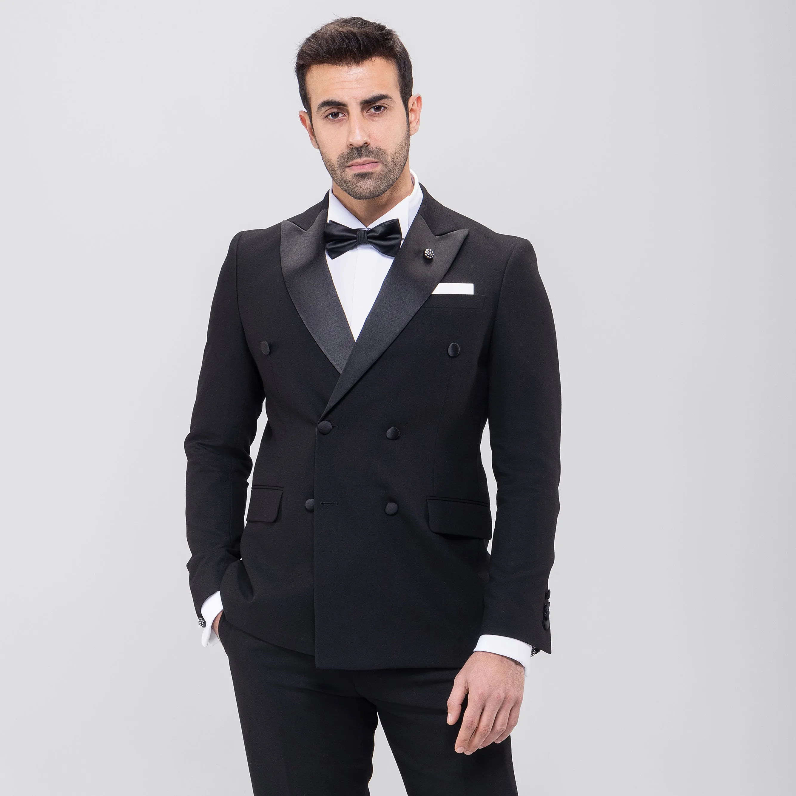 Slim Fit Double Breasted Black Wedding Suit - Notch Satin Lapel-Turkish Made