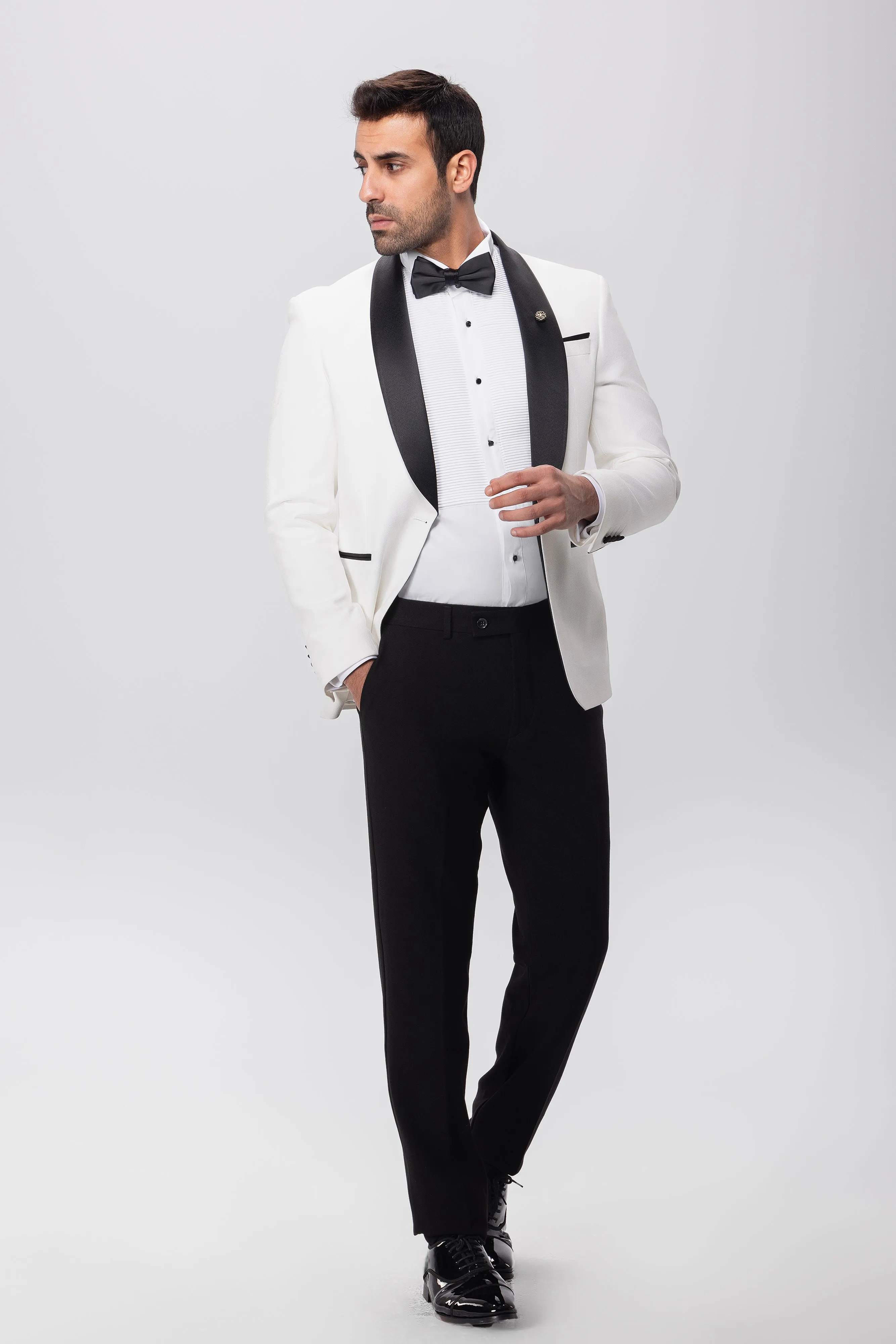Slim Fit Off White Tuxedo Suit-Turkish Made