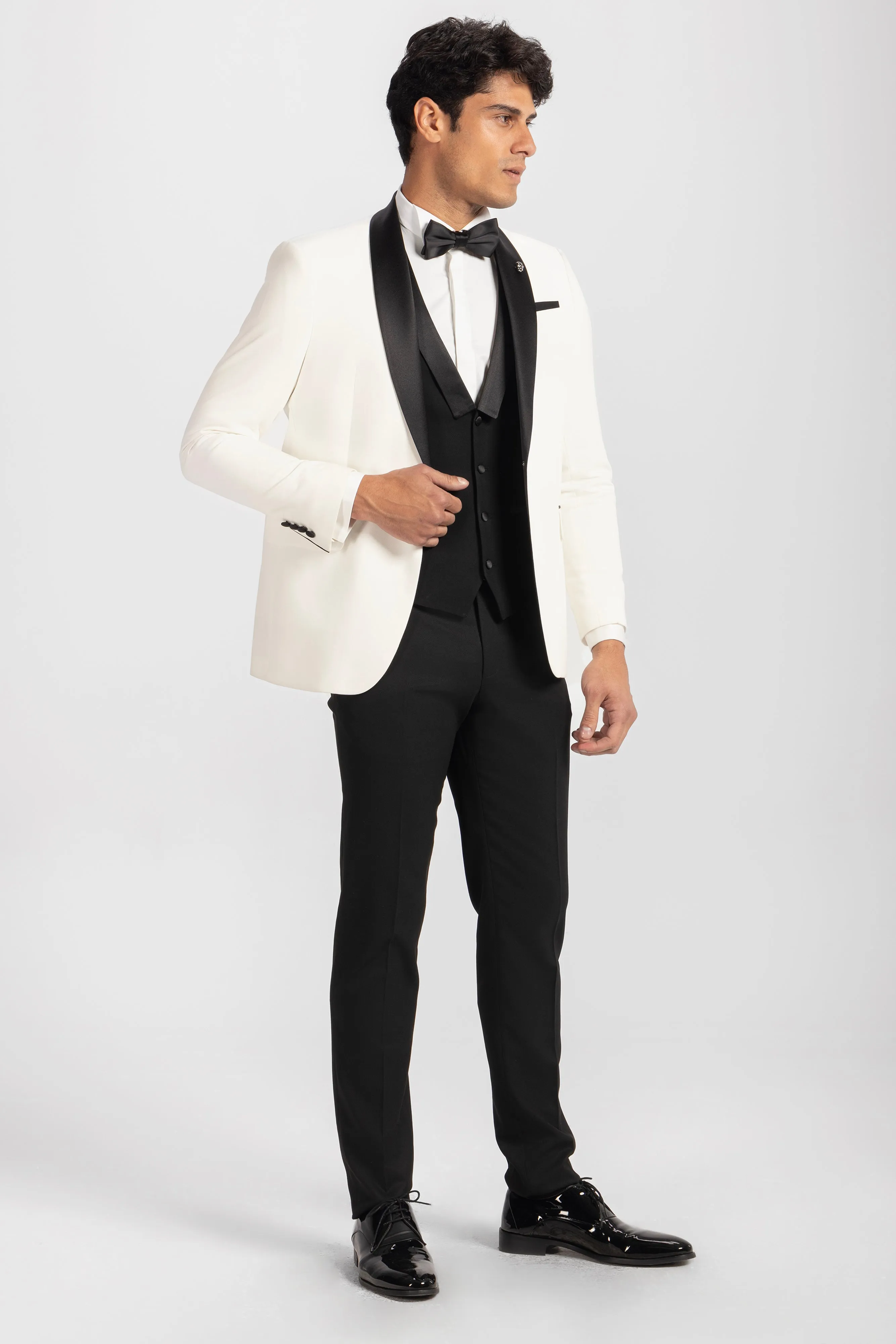Slim Fit Off White Wedding Suit -Satin Shawl Lapel-Turkish Made