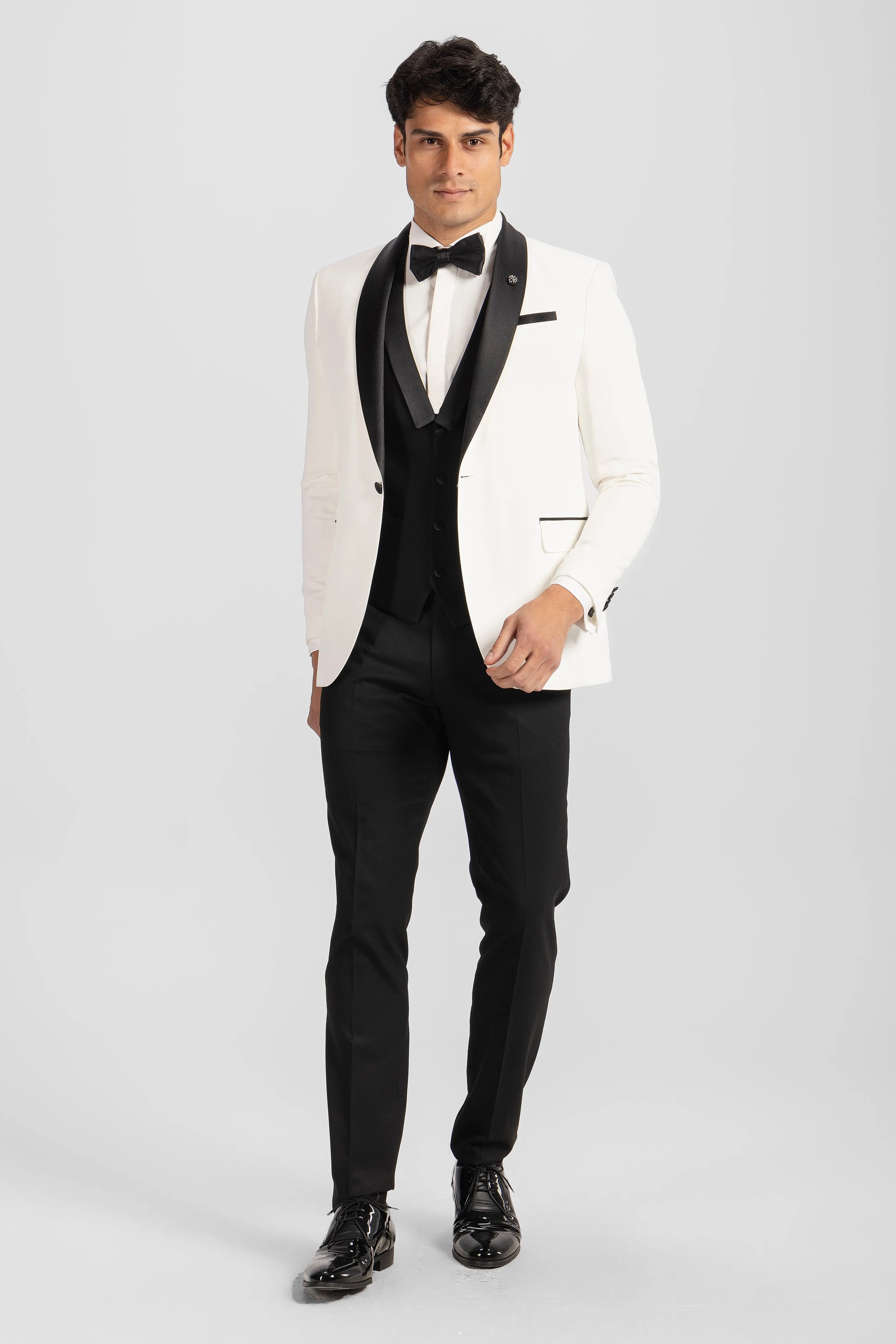 Slim Fit Off White Wedding Suit -Satin Shawl Lapel-Turkish Made