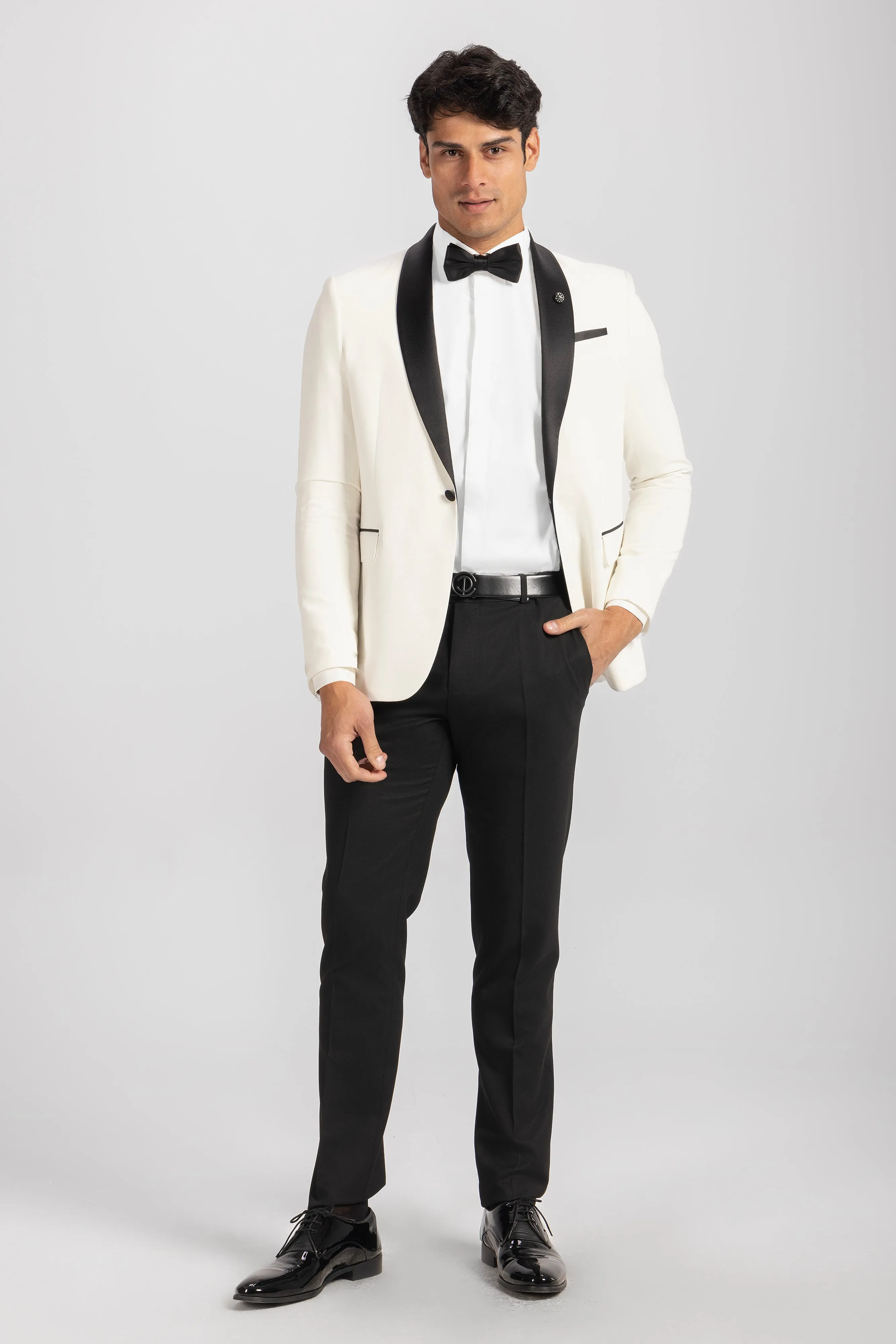 Slim Fit Off White Wedding Suit -Satin Shawl Lapel-Turkish Made