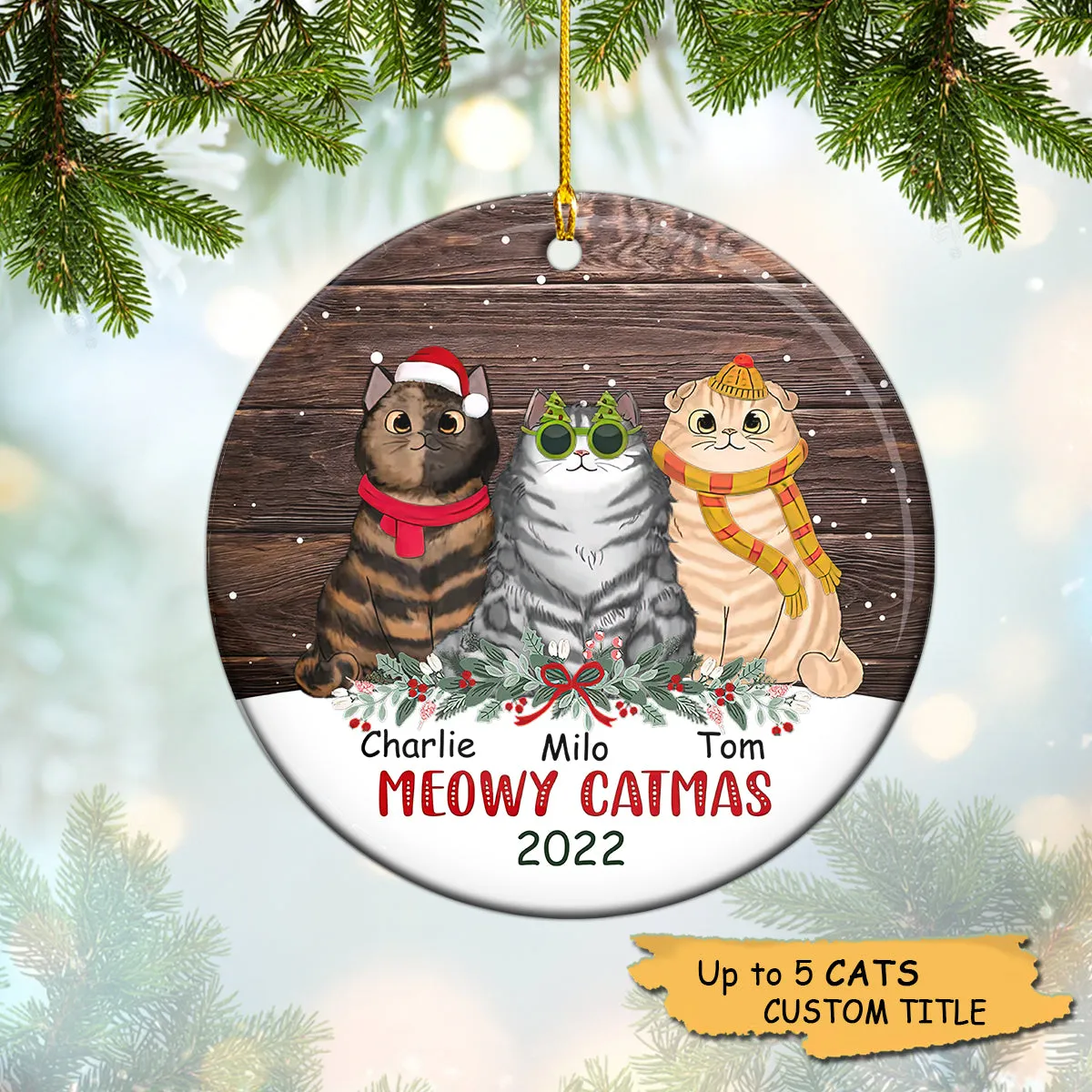 Snow Wood Fluffy Cat Christmas Personalized Circle Ornament