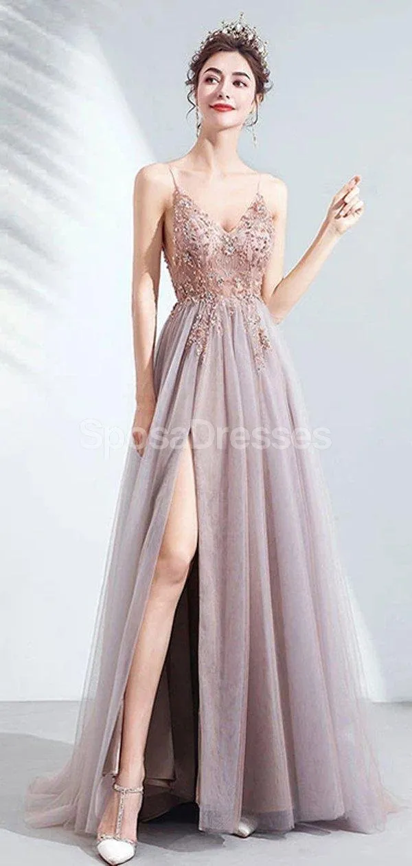 Spaghetti Straps See Through Side Slit Long Evening Prom Dresses, Evening Party Prom Dresses, 12215