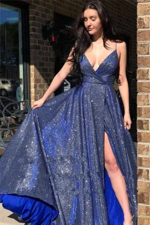Sparkly A-line Spaghetti Straps Prom Dresses, Evening Dresses With Slit, SP661