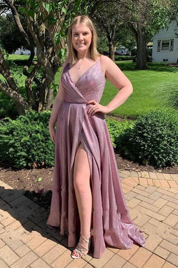 Sparkly A-line Spaghetti Straps Prom Dresses, Evening Dresses With Slit, SP661