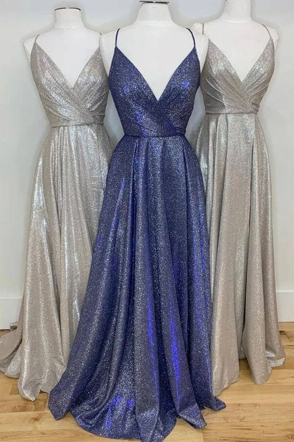 Sparkly A-line Spaghetti Straps Prom Dresses, Evening Dresses With Slit, SP661