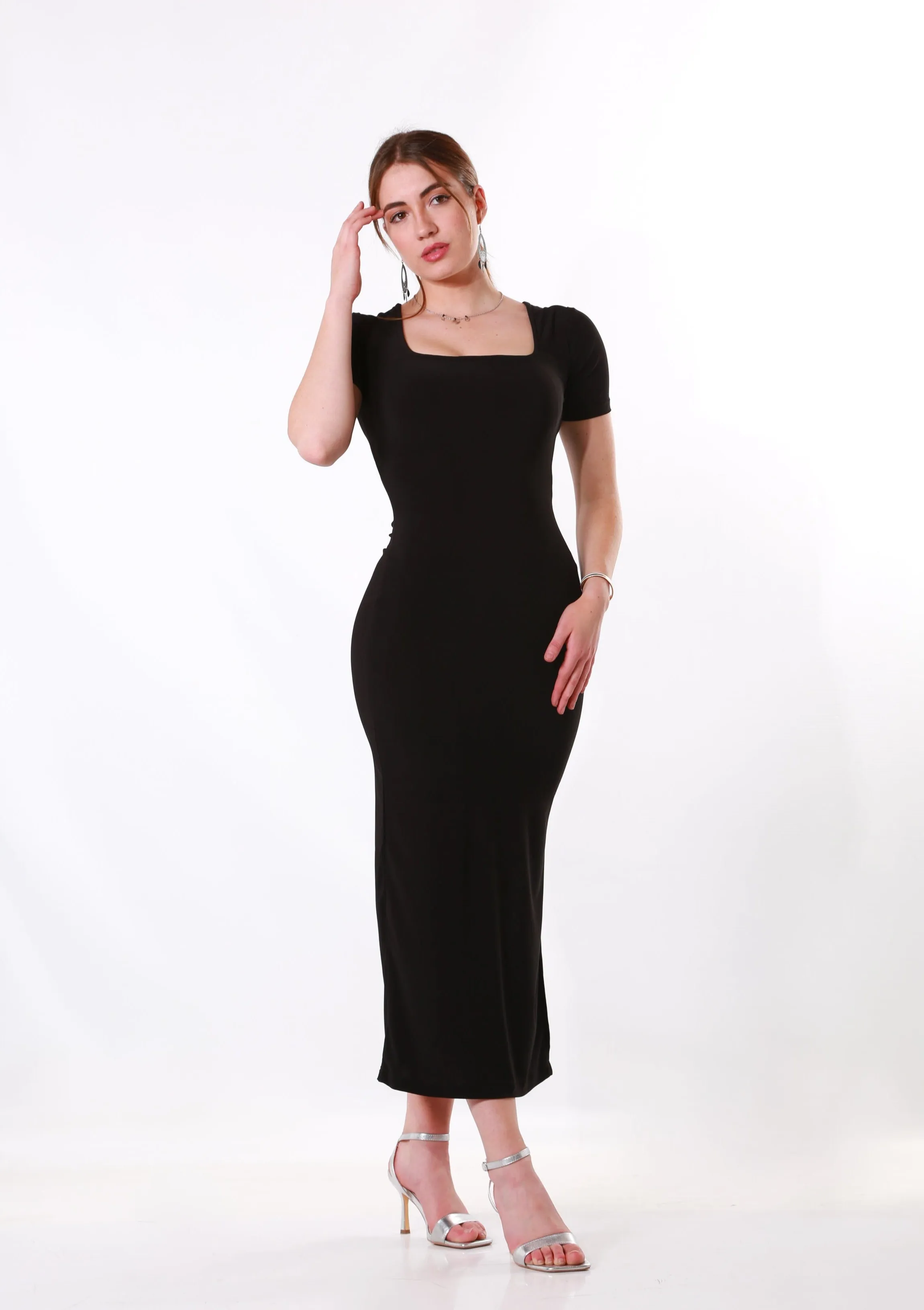 Square neck Maxi Dress short sleeve- Black