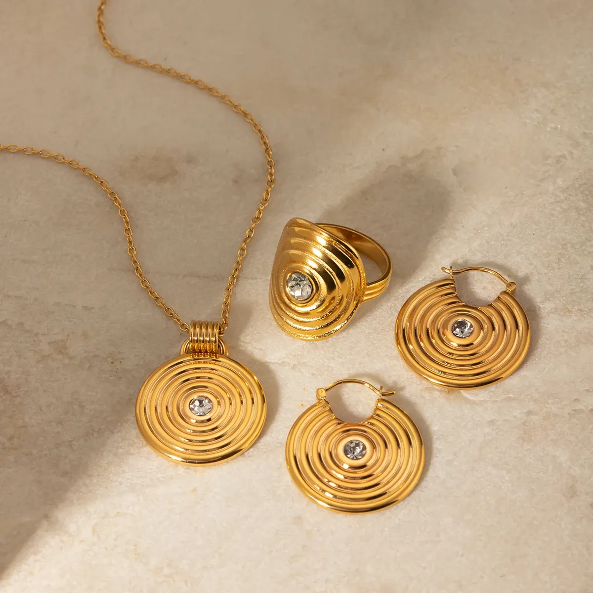 Stainless Steel 18k Gold Ribbed Design Jewelry Set
