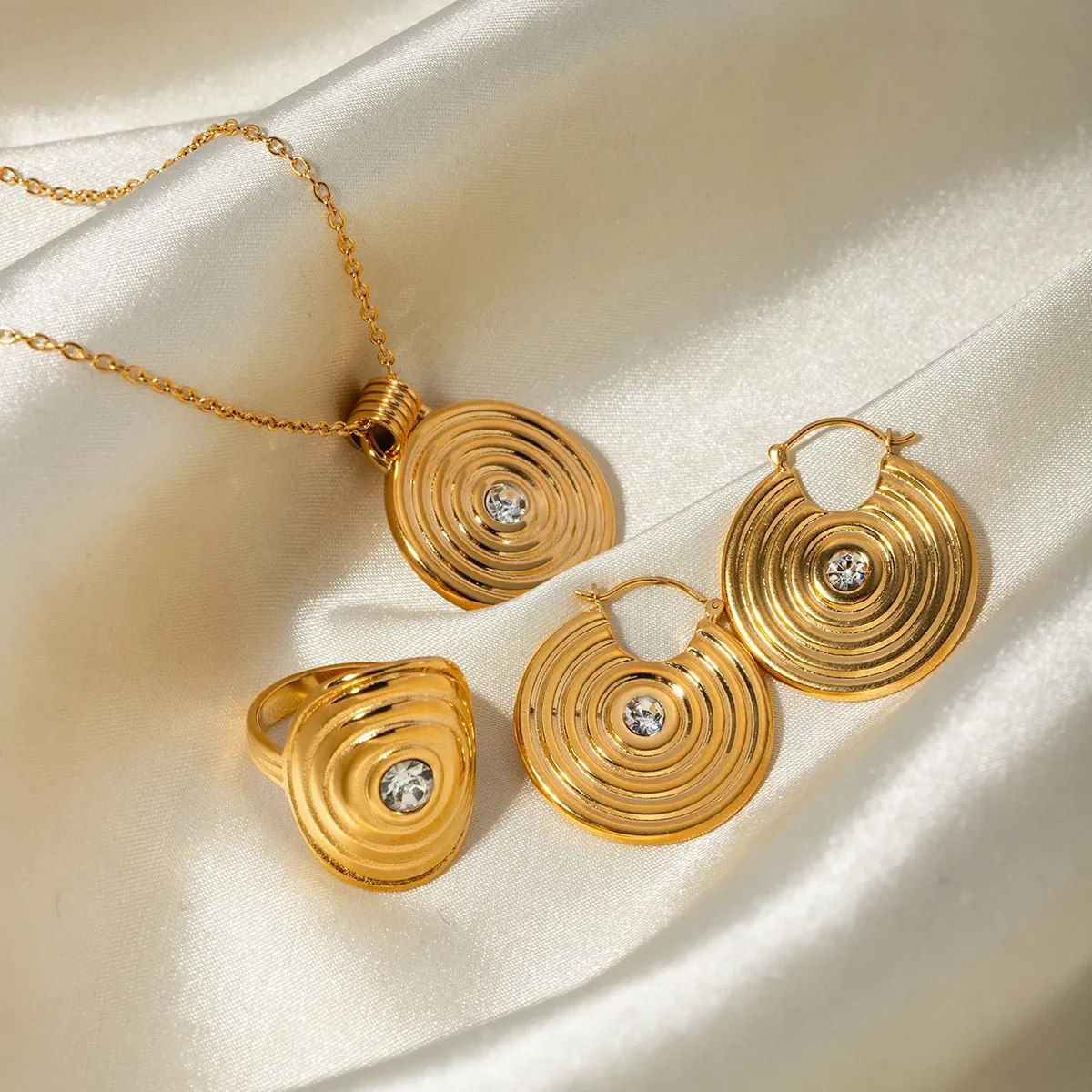 Stainless Steel 18k Gold Ribbed Design Jewelry Set