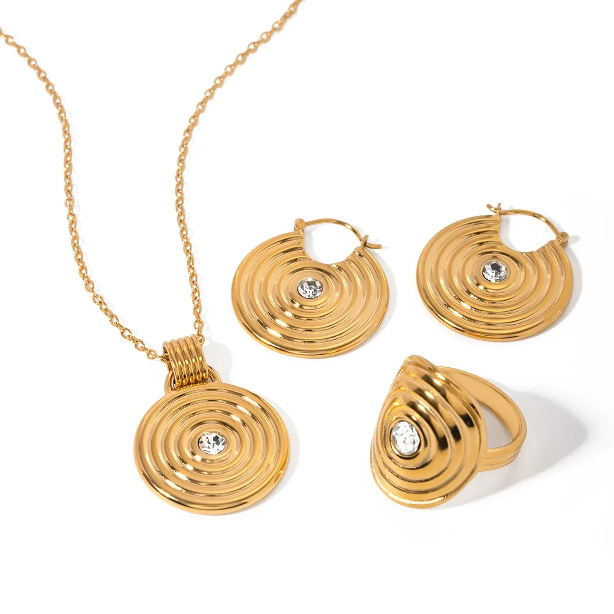 Stainless Steel 18k Gold Ribbed Design Jewelry Set