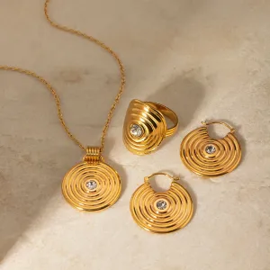 Stainless Steel 18k Gold Ribbed Design Jewelry Set