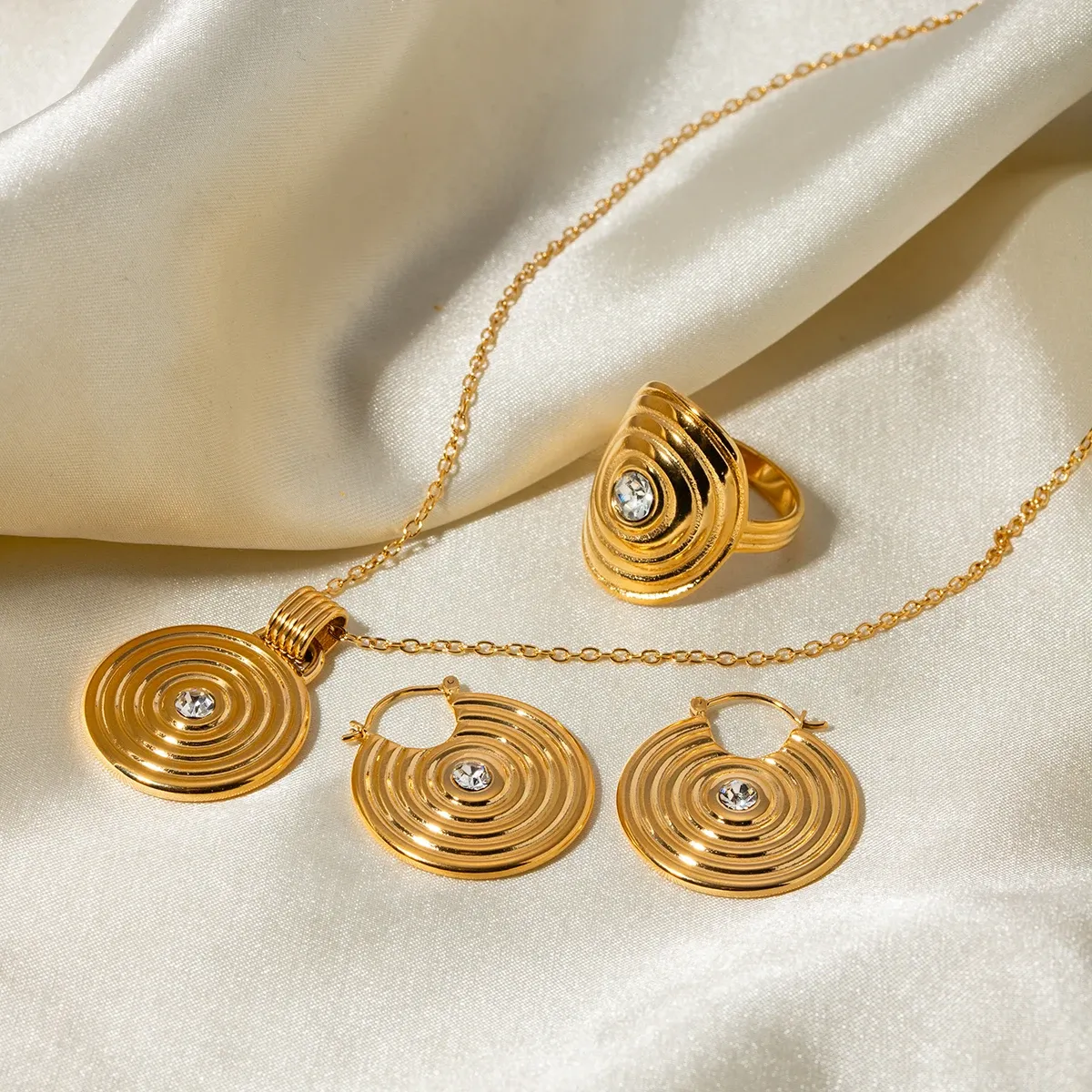 Stainless Steel 18k Gold Ribbed Design Jewelry Set