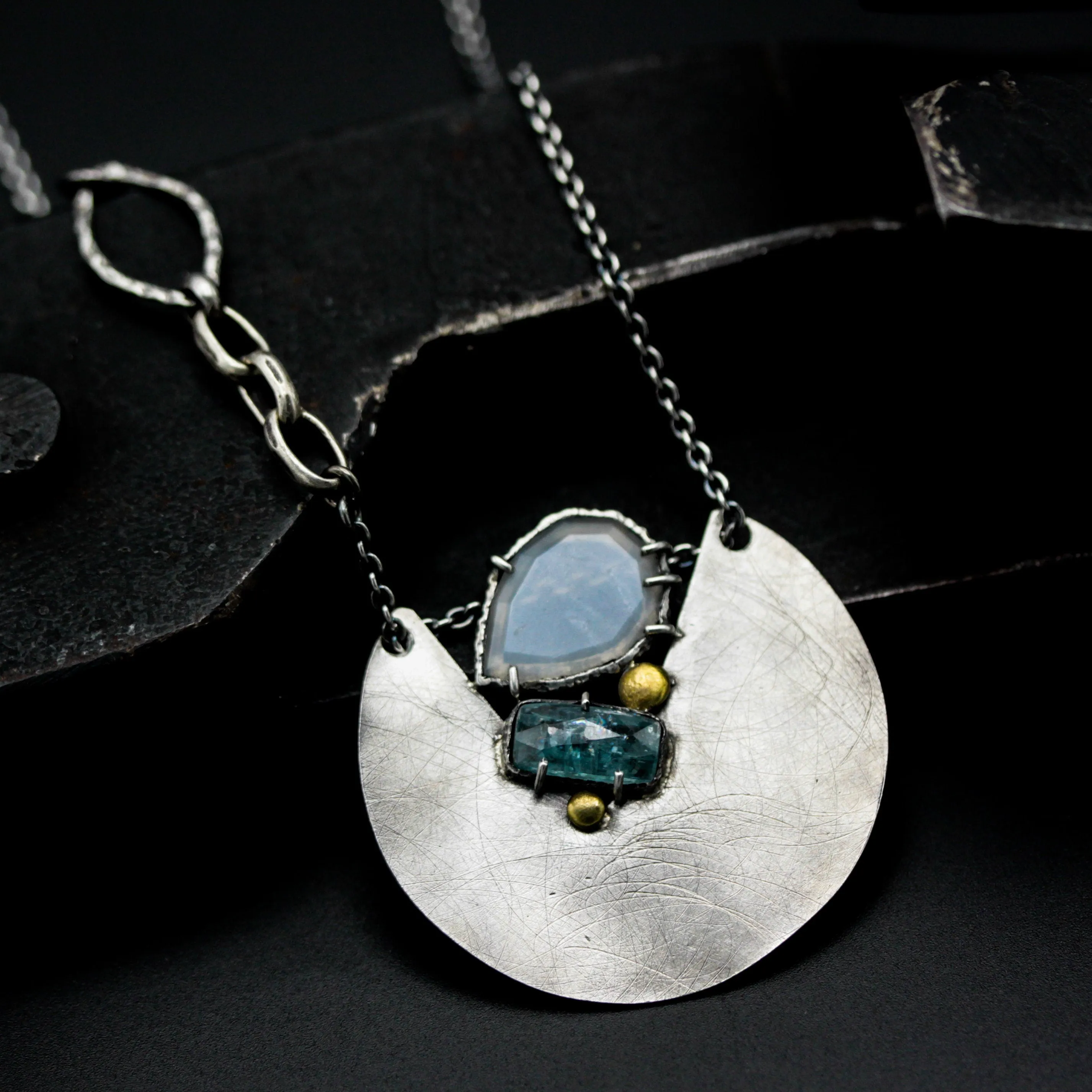 Sterling silver circle shape pendant necklace with blue kyanite and white moonstone on sterling silver chain