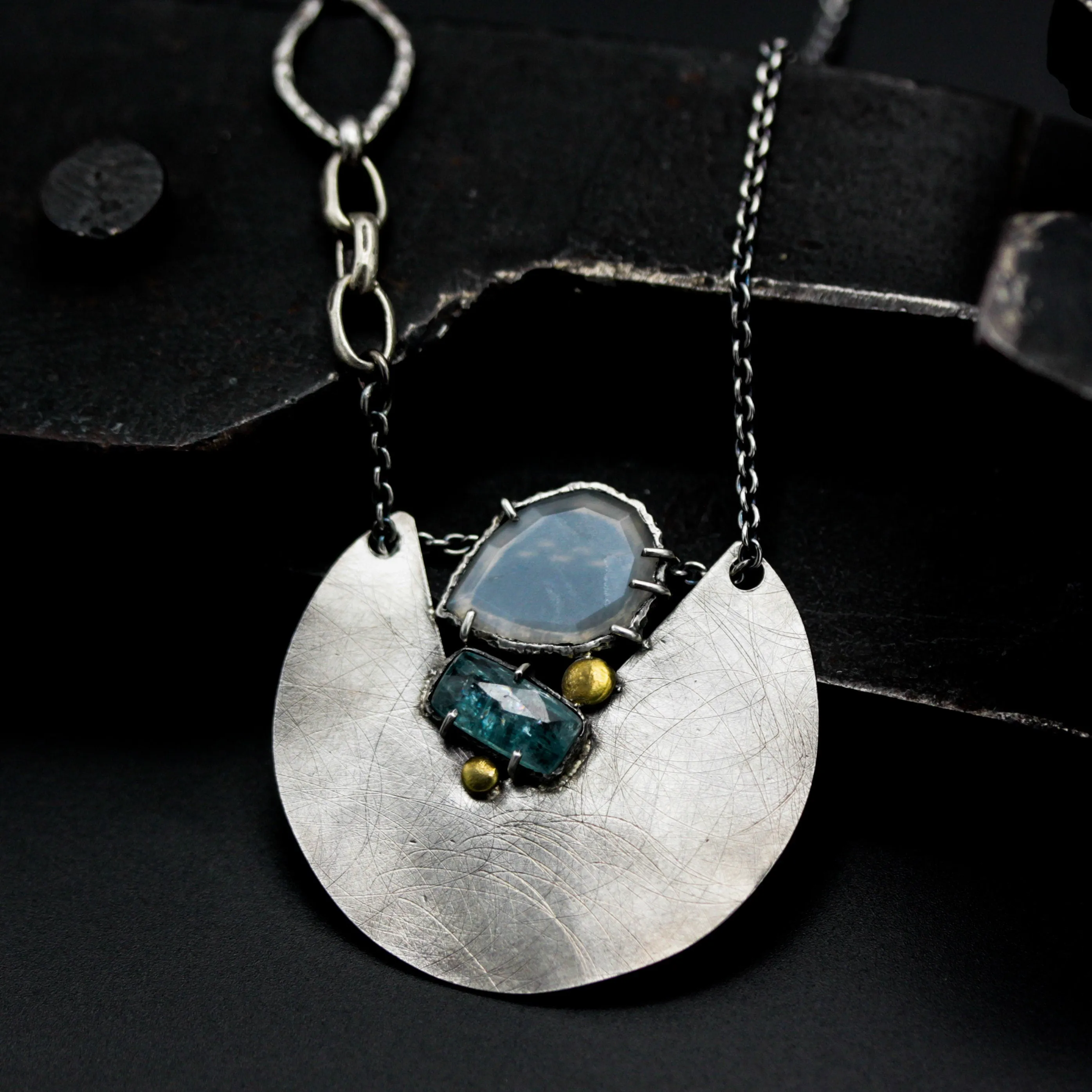 Sterling silver circle shape pendant necklace with blue kyanite and white moonstone on sterling silver chain