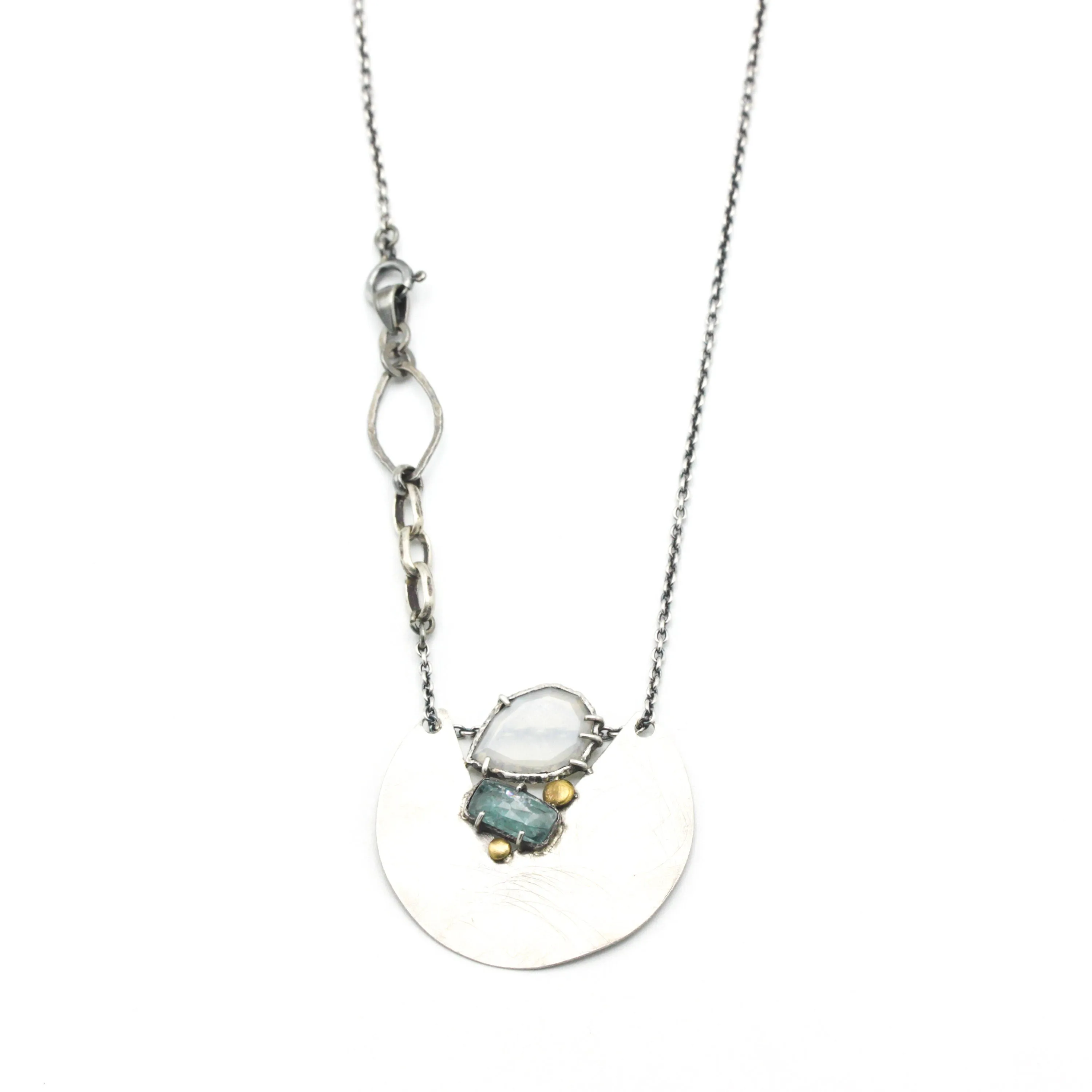 Sterling silver circle shape pendant necklace with blue kyanite and white moonstone on sterling silver chain